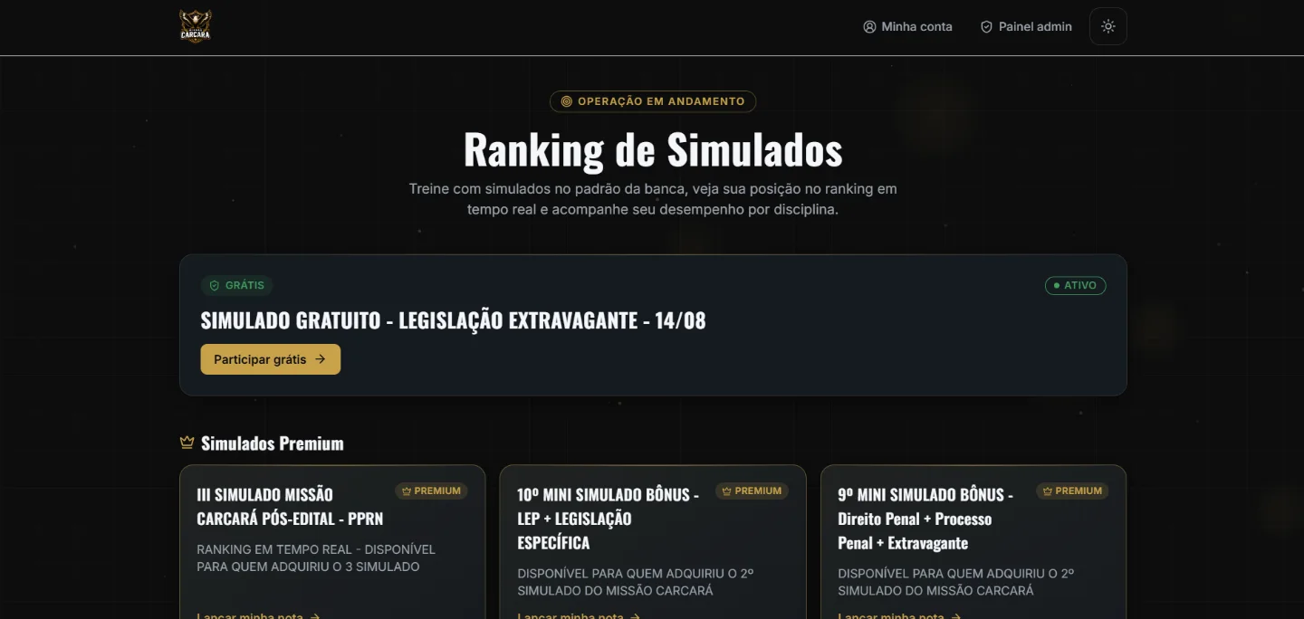 Ranking real de simulados da Missão Carcará, com simulado gratuito e simulados premium publicados