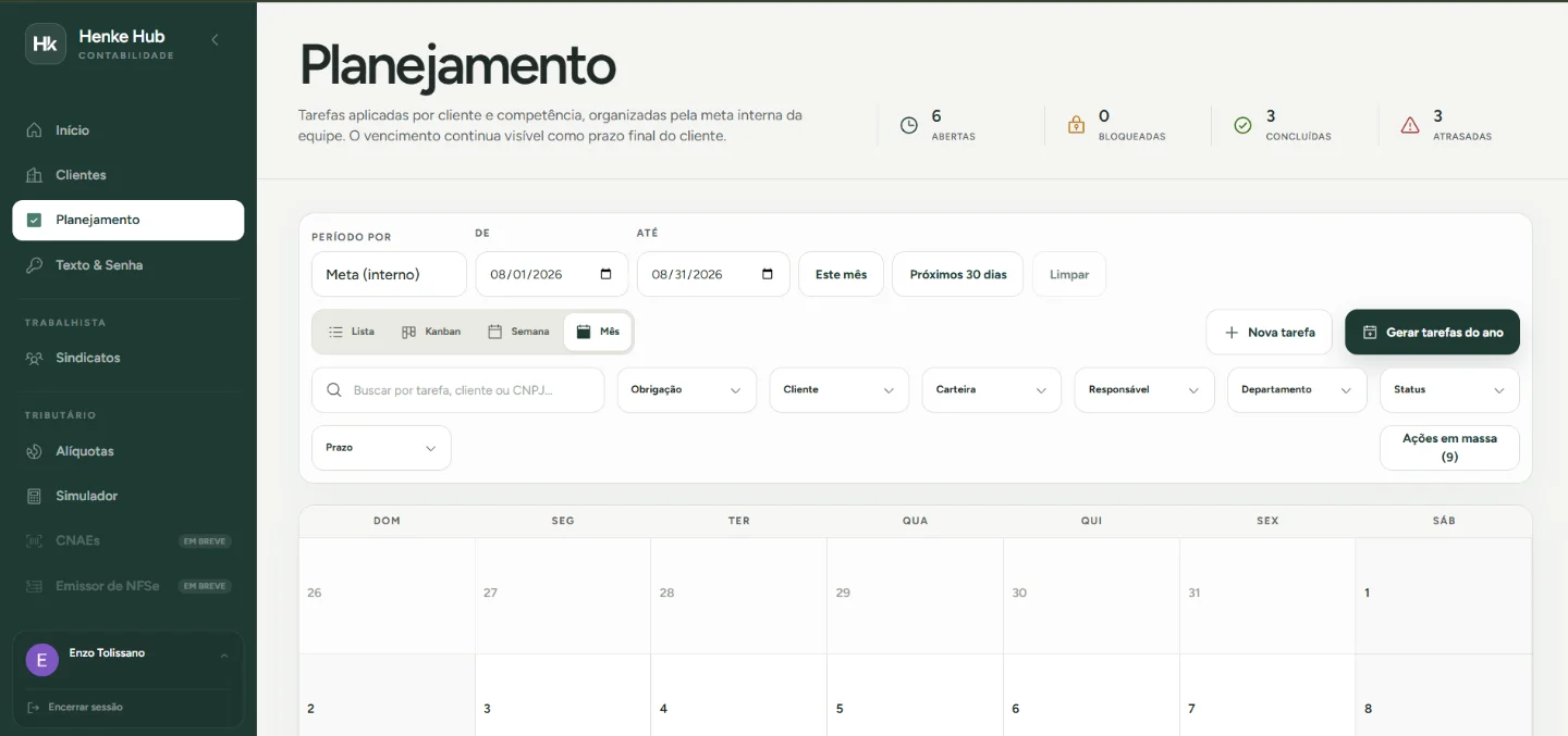 Planejamento real do Henke Hub com obrigações por cliente, competência e status