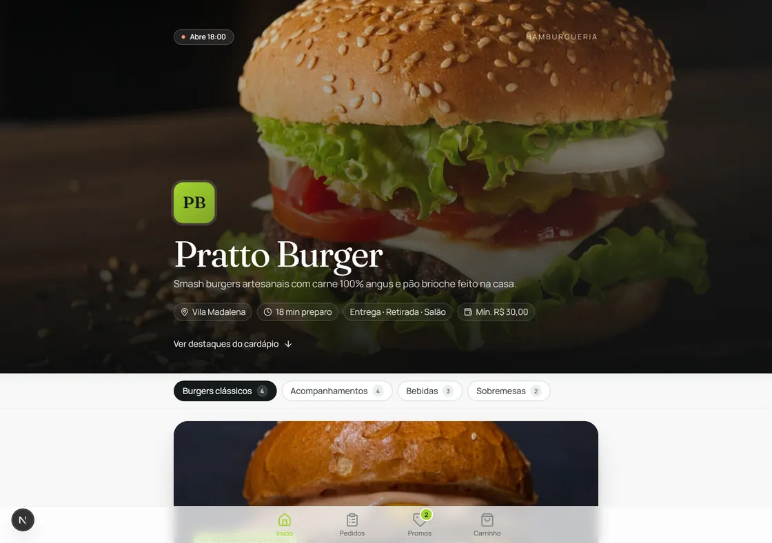 Cardápio real do Pratto Burger com entrega, retirada e salão e categorias de produto